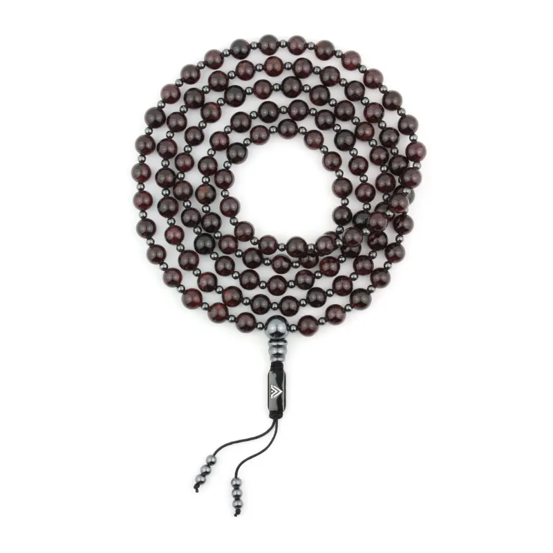 VOLTLIN Garnet Mala necklace with dark red natural Garnet beads on a black suede pouch