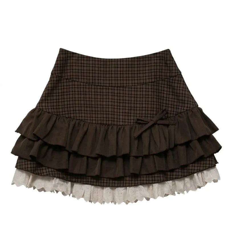 Cottagecore Clothes Dark Cottagecore Tiered Ruffle Plaid Mini Skirt, brown plaid mini skirt with ruffles and ivory lace hem