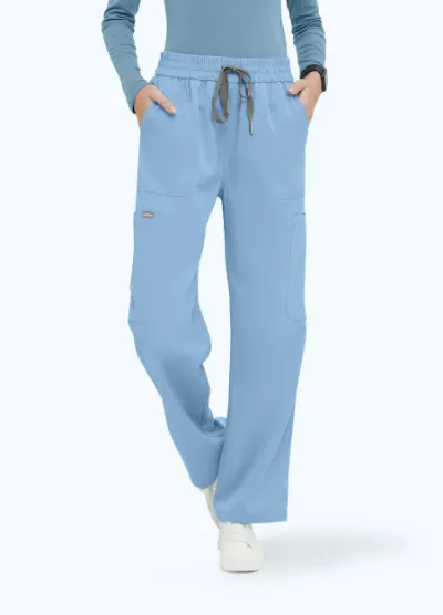 COMENII ProEase™ Cargo Scrub Pant, side view showing cargo pockets and elastic waistband