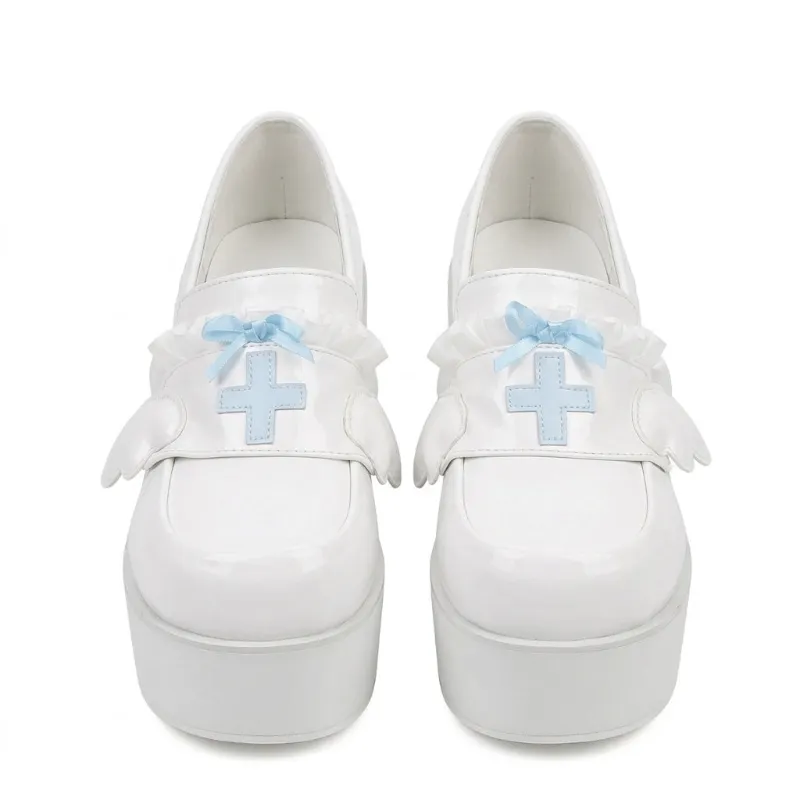 Shoptery Menhera White Platform Loafers with Cross and Bow Details in square toe slingback style