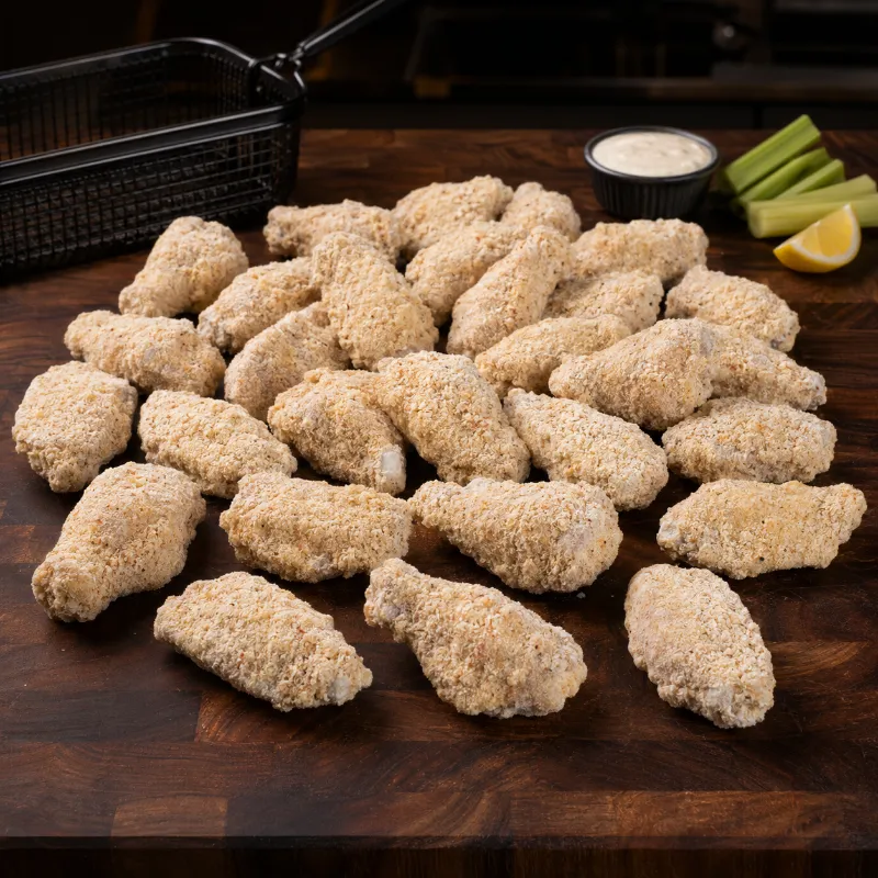 Halal World Depot Halal Breaded Chicken Wings 5lbs Bulk Pack pile of golden-breaded chicken wings