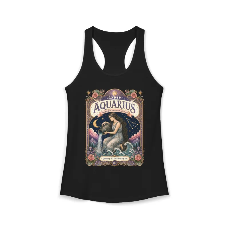 Spirit Nest Aquarius Zodiac Women's Racerback Tank with ornate water bearer artwork on lightweight fabric
