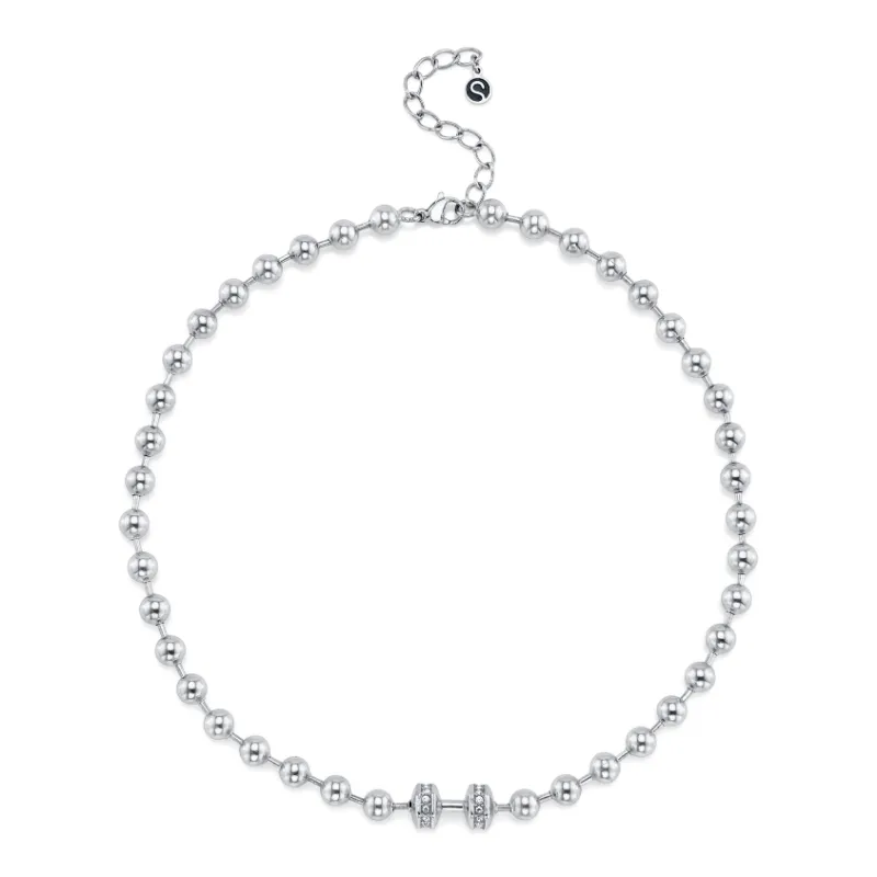 Sleek Fit Jewelry ATLAS NECKLACE - SILVER shown as a silver ball link necklace with crystal accents