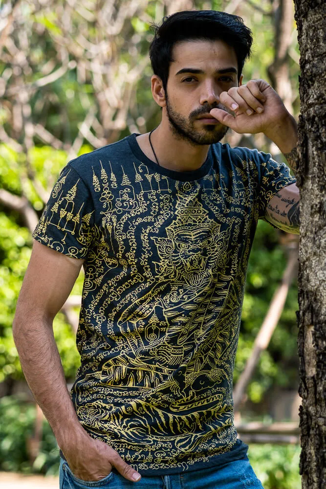Hippie Pants Black Hermit T-shirt, cotton men's tee with traditional tattoo design and tiger imagery