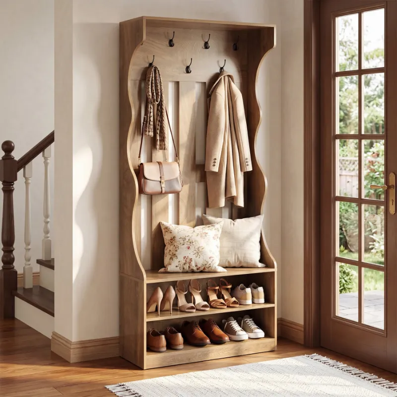 Tribesigns 3-in-1 Hall Tree with shoe bench, storage shelves, and 7 hooks in farmhouse rustic brown finish