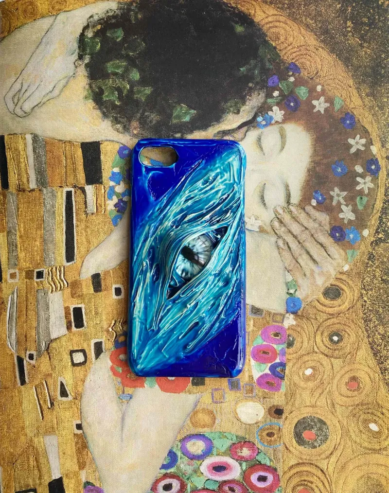 Techypop Aqua Devil Eyes Designer iPhone Case in silicone with aqua-colored devil eyes graphic