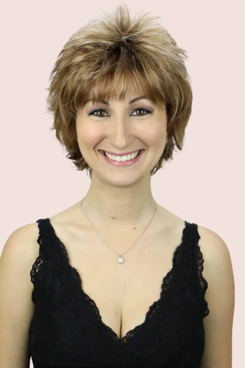 Godiva's Secret Wigs Meg w/ Roots short wig in Maple Sugar-R, layered cut with bangs