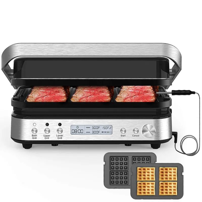 Karinear 6 in 1 Electric Grills & Sandwich Maker with Removable Waffle Plates, black grill appliance with digital display and control button