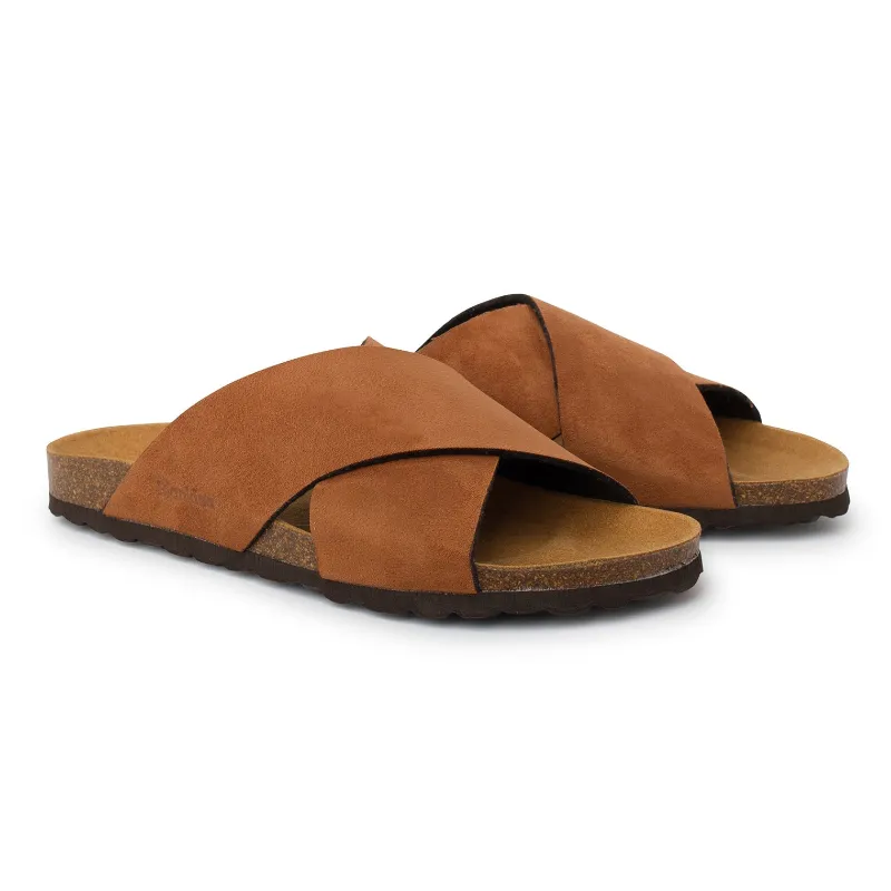 BIANKINA Alacant Vegan Suede Slide Cork Sandal in caramel brown with criss-cross design