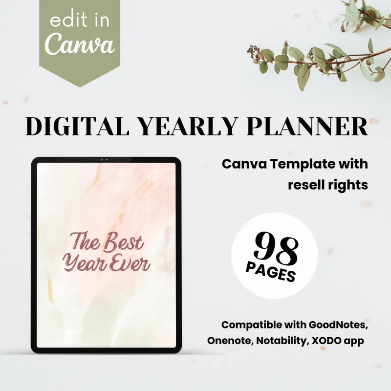 Purpose PLR Yearly Digital Planner Template with 98 pages in Canva