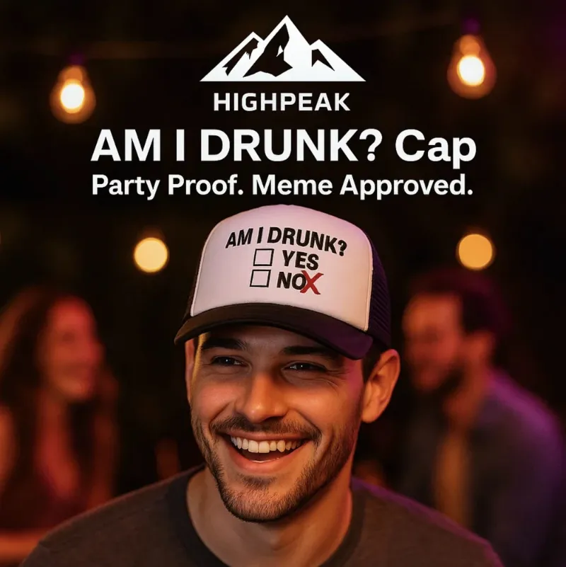HighPeak "AM I DRUNK?" Cap photo showing the glow-in-the-dark party baseball cap with mesh back