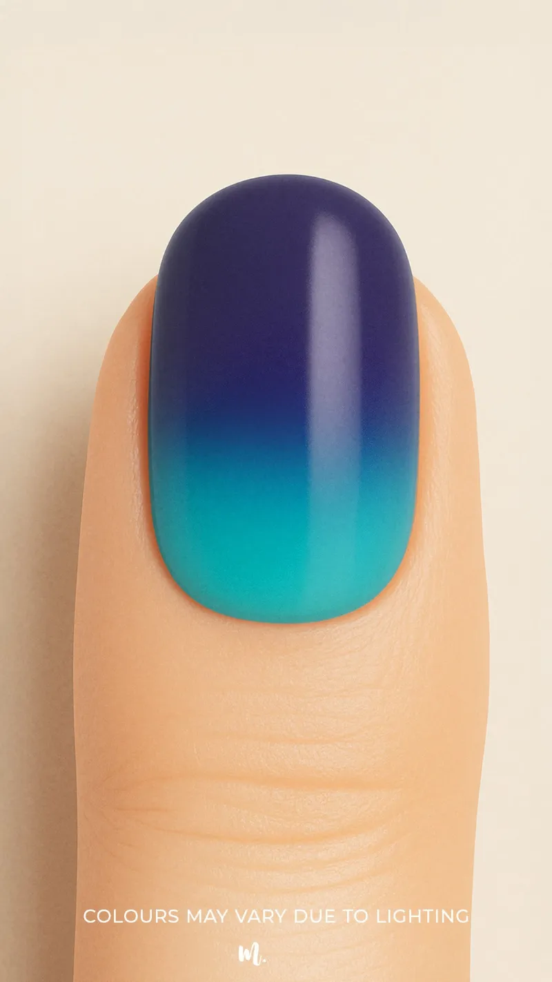 Muselot 'Ocean Dip' Ombre Nail Stickies, sky-to-deep-blue gradient on fingernails