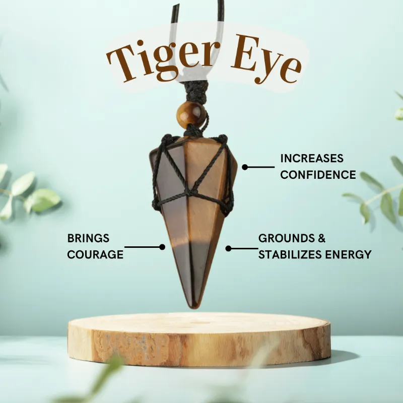 Turix Balance Crystal Pendulum Necklace in natural tiger eye with golden-brown banding on adjustable chain
