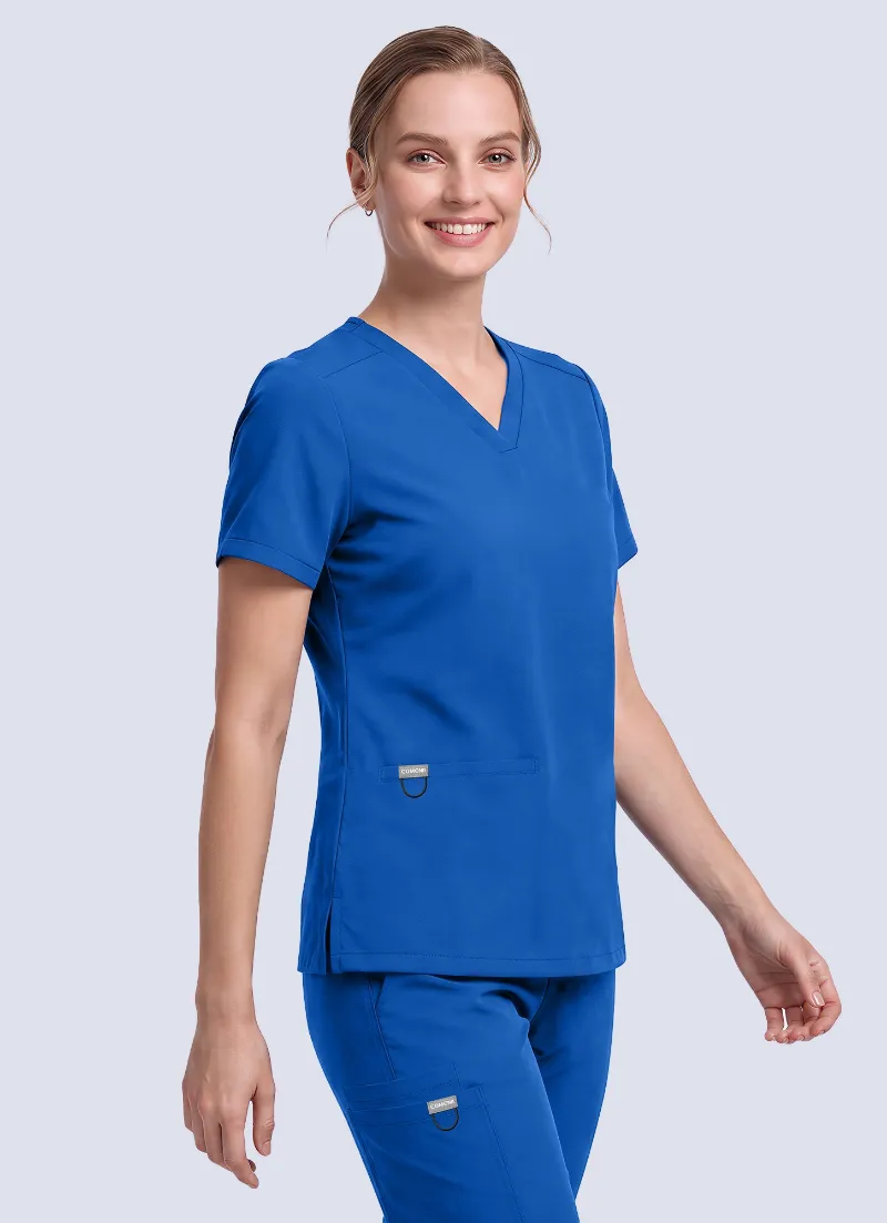 COMENII SoftTouch™ 3 Pockets Scrub Top Royal Blue, front view showing welt pockets and tailored fit