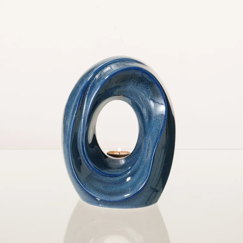Pulvis Art Urns Artisan Cremation Urn for Ashes The Passage in blue melange ceramic with tealight holder