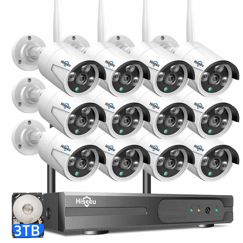 Hiseeu 5MP wireless security bullet camera system with 12 cameras and NVR recorder