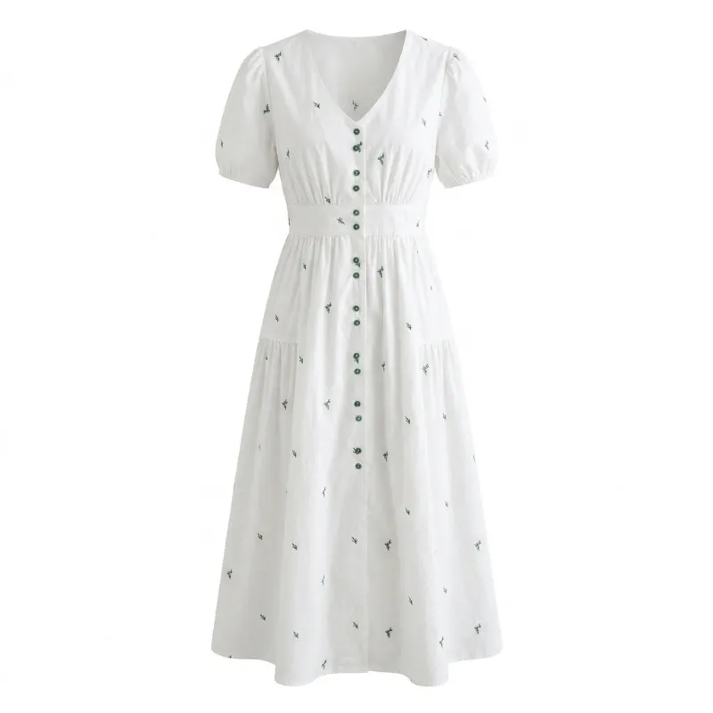 Cottagecore Clothes Midi Dress in white with scattered embroidered flowers and green buttons