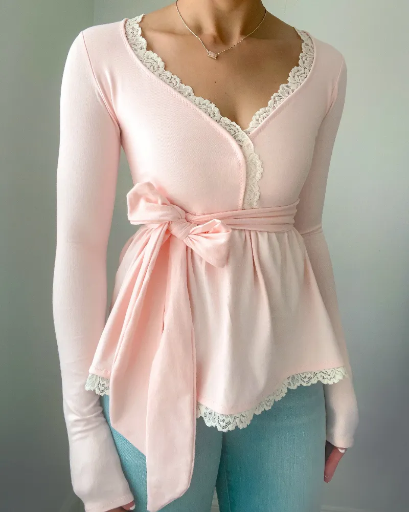 Bit By Angie Hattie babydoll long sleeve (Baby pink) showing a babydoll top with sweetheart neckline and long sleeves