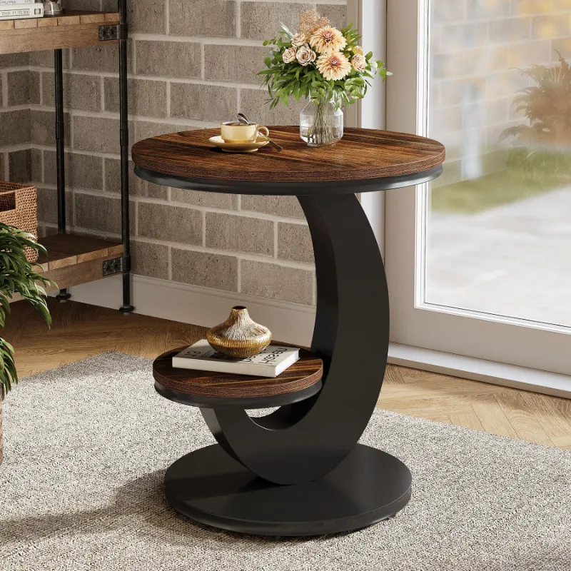 Tribesigns 2 Tiers End Table with round rustic brown top and black arc-shaped metal frame