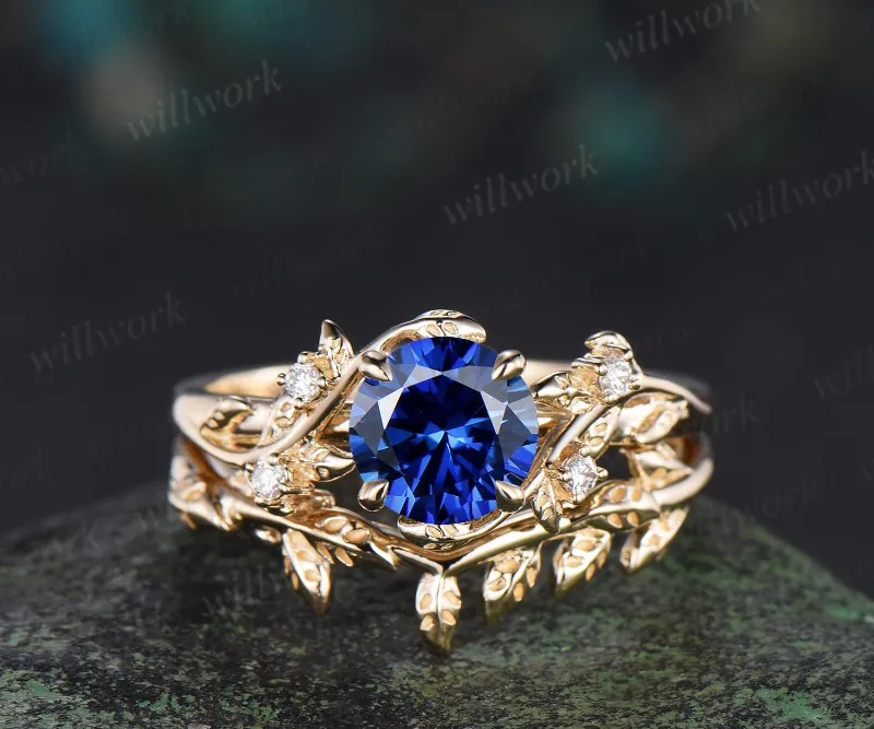 WillWork Jewelry 1ct round cut blue sapphire engagement ring set leaf five stone yellow gold ring nature inspired art deco wedding ring set
