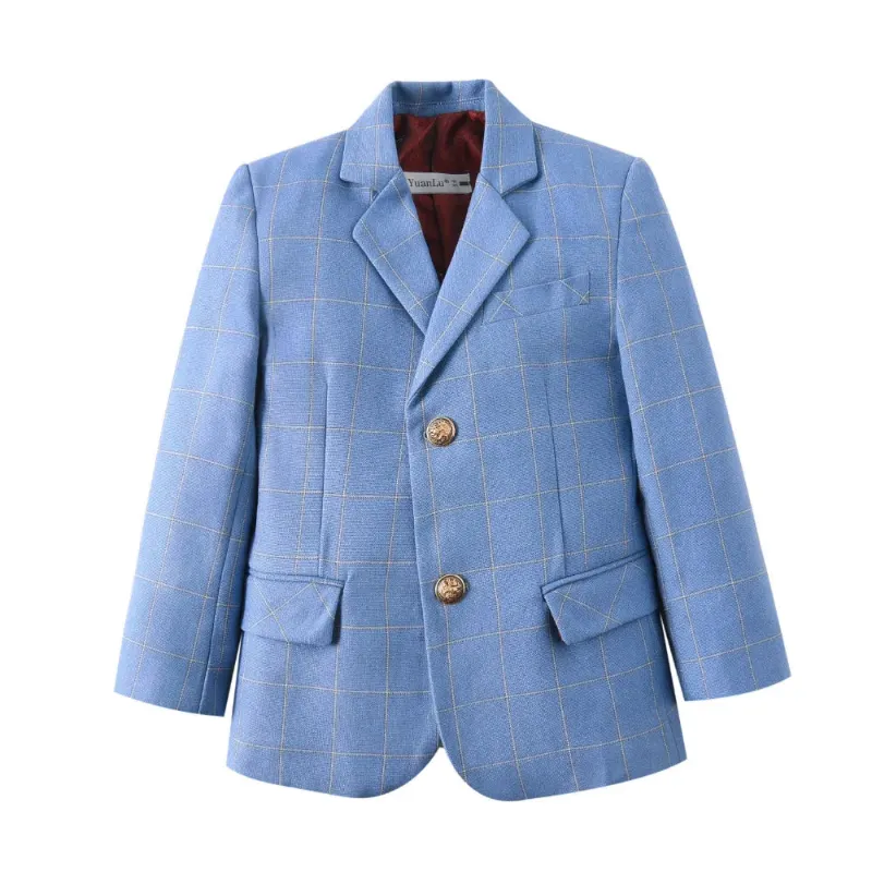 Wehilion Light Blue Plaid Boys Formal Blazer shown as an affordable school jacket with notch lapel