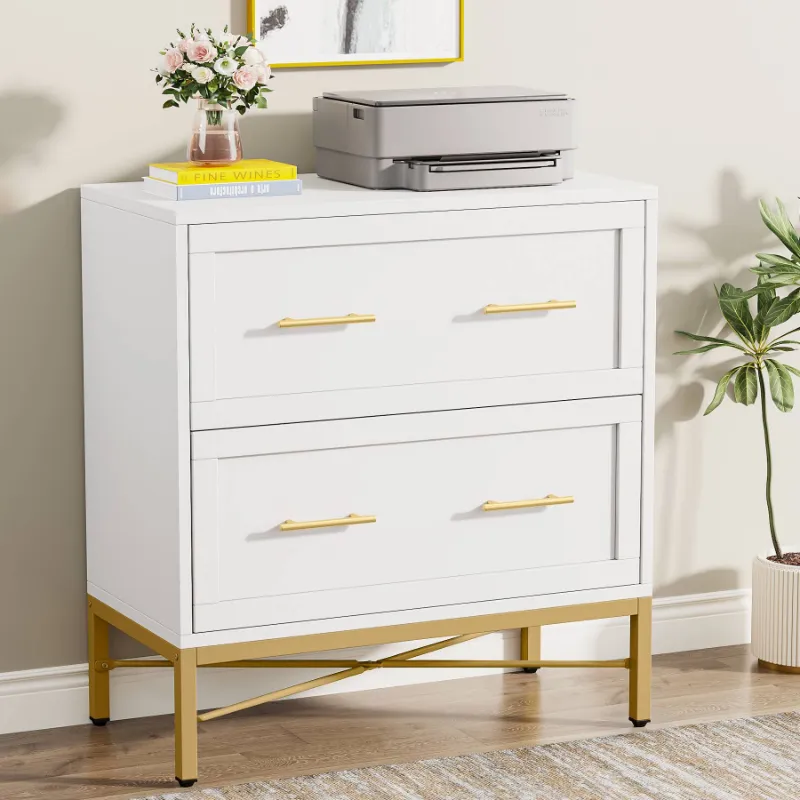 Tribesigns 2-Drawer File Cabinet in white with shiny gold legs and metal handles