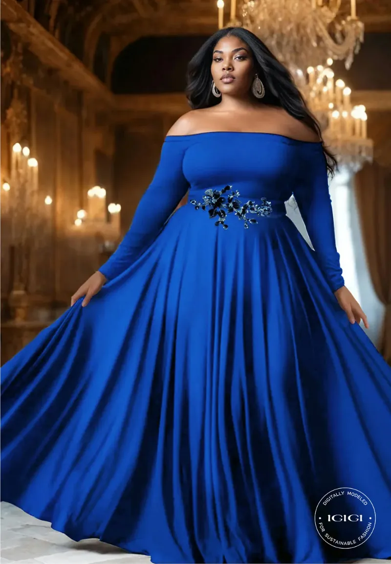 IGIGI Berenice Plus Size Evening Gown in Royal Blue off-shoulder embroidered gown
