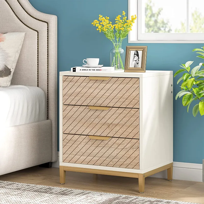 Tribesigns 3-Drawer Nightstand with light wood grain top and gold metal frame for bedroom
