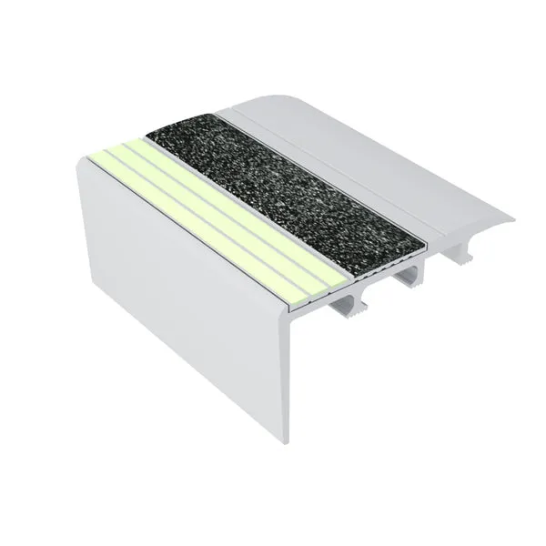 ComposiGrip Ecoglo C4171 Black Luminescent Non-Slip Carpet Stair Nosing 2.7 Inch shown on a carpeted stair edge