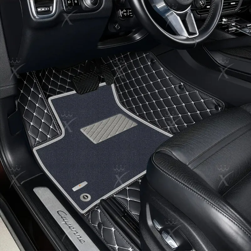 Luxus Car Mats Double Layer Series floor mats with black and white diamond stitching and gray top carpet