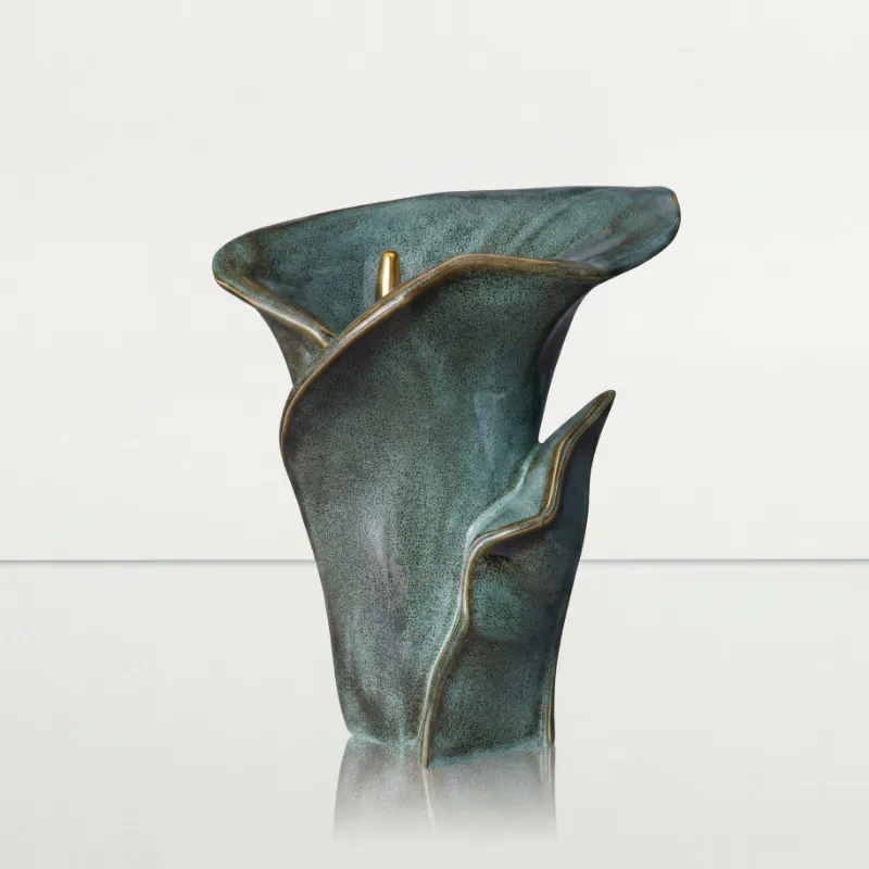 Pulvis Art Urns Calla Flower Memorial Urn for Ashes in oily green melange ceramic finish with lily shape
