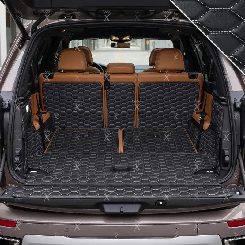 Luxus Car Mats Honeycomb 360Fit trunk mat in black with white stitching and raised walls