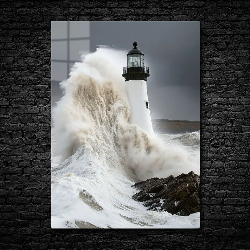 CruArt Storm Sentinel Metal Print showing lighthouse surrounded by crashing waves and stormy energy