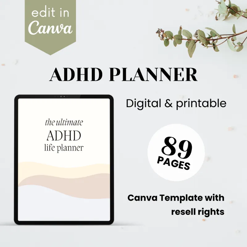 Purpose PLR ADHD Planner Template, colorful planner pages in Canva