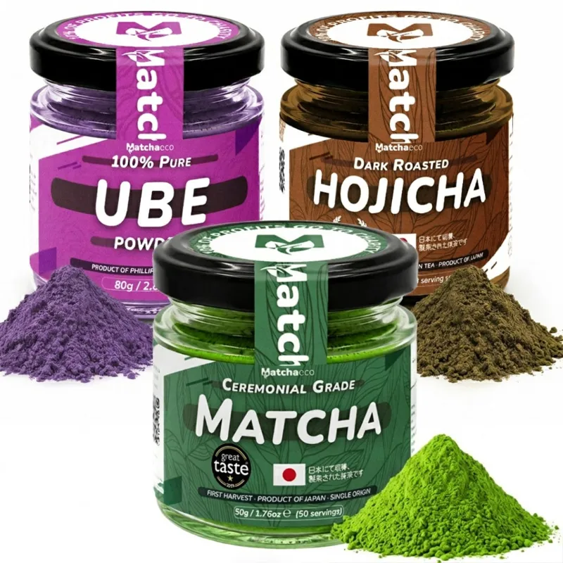 Matchaeco Matcha & Beyond trio bundle of matcha, hojicha and ube powder packs