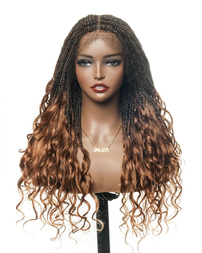 Jaliza 24-inch Pre Bleached Human Hair Full Lace HD Knotless Box Braided Wig With Human Hair Curly Ends showing box braids with French curl 
