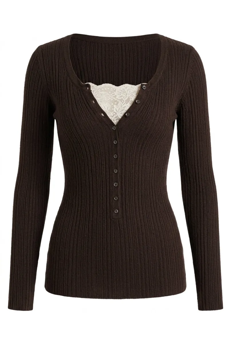 Cottagecore Clothes Dark Cottagecore Ribbed Button Sweater, chocolate brown ribbed knit top with cream lace neckline detail