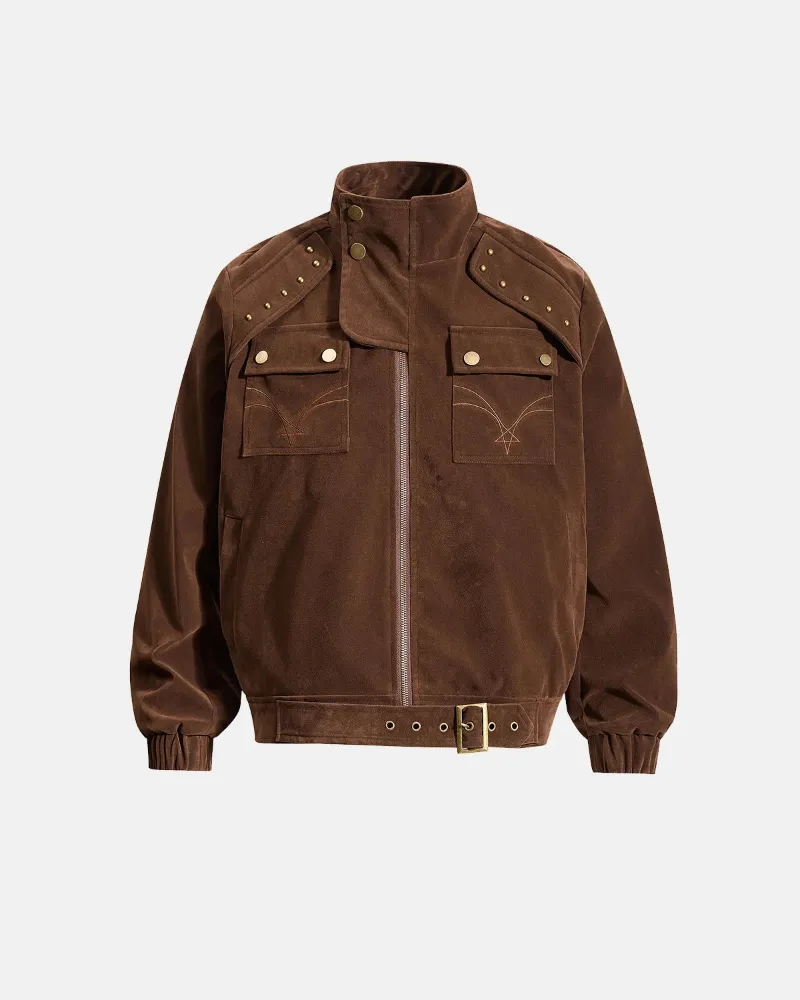 INFLATION Buckle Hem Suede Bomber Jacket in brown with stand collar and metal hardware details