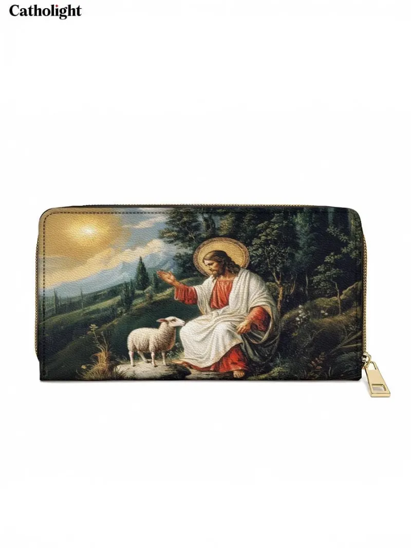 Catholight The Divine Shepherd's Grace Leather Wallet Purse with Christ as Good Shepherd and lamb
