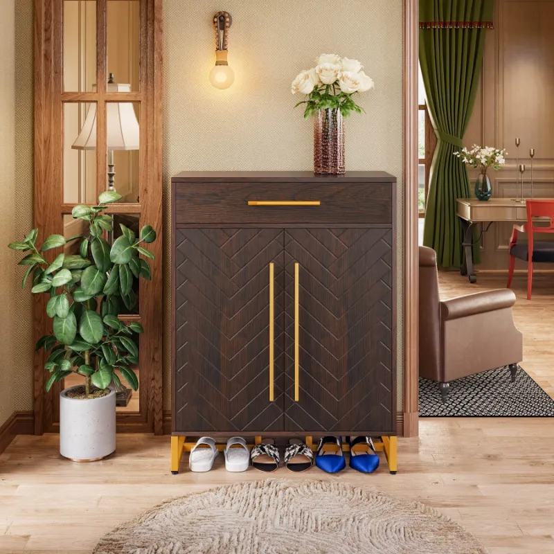 Tribesigns 20-Pair Shoe Cabinet Organizer with drawer and adjustable shelves in walnut finish