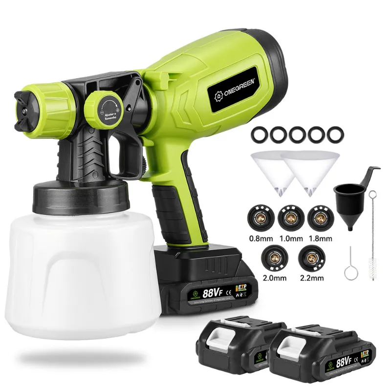 NewBeny 1400ML Cordless Paint Sprayer with 5 nozzles and 2 batteries, showing tank and spray pattern