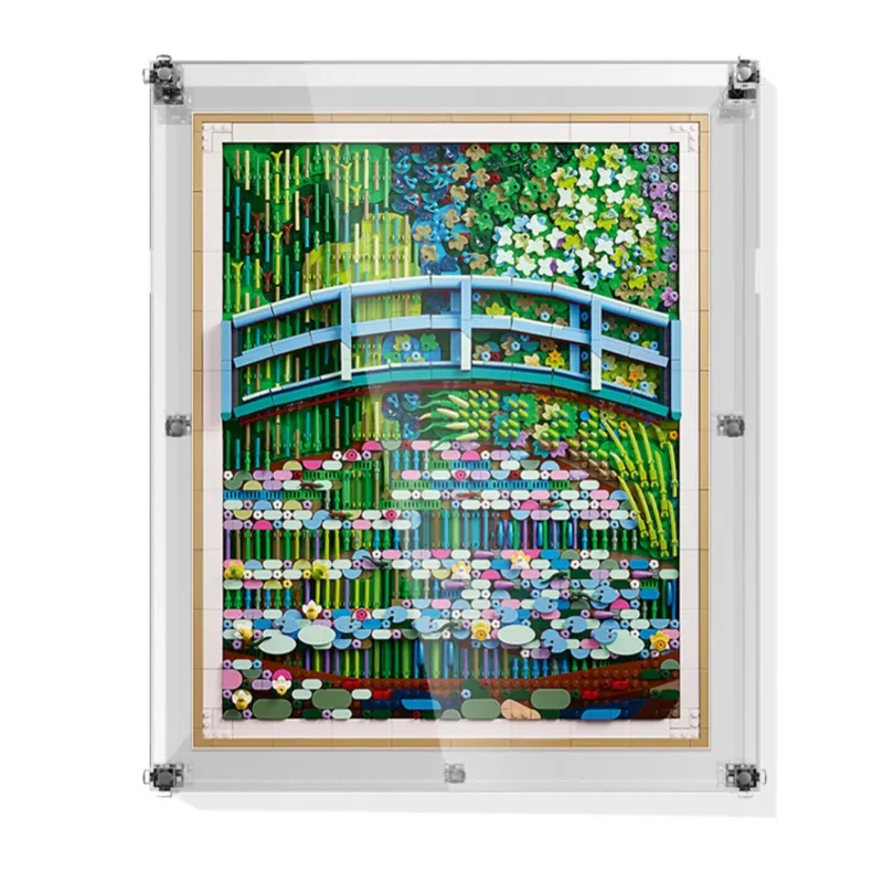 ICUANUTY Display Case Compatible with LEGO Art Claude Monet Bridge over a Pond showing framed artwork display
