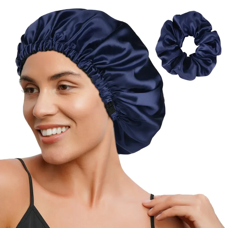 Yanibest Silk Butter Satin Bonnet in midnight blue shown with adjustable elastic band