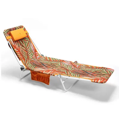 SunnyFeel Outdoor 4-Position Reclining Beach Chair with Pillow, a folding recline-flat lounger with storage pockets and carry strap