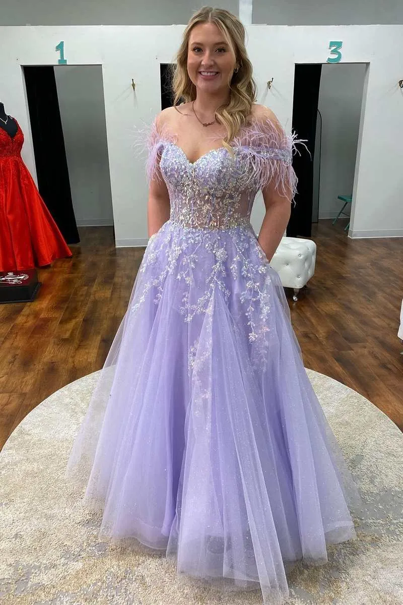 Selinadress A-line Lavender Floral Lace Feathers Off-the-shoulder Prom Dress with lace-up back