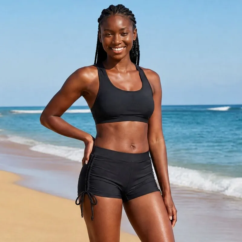 Lilova Swim String Shorts Bottom black period swimwear with drawstrings, front view