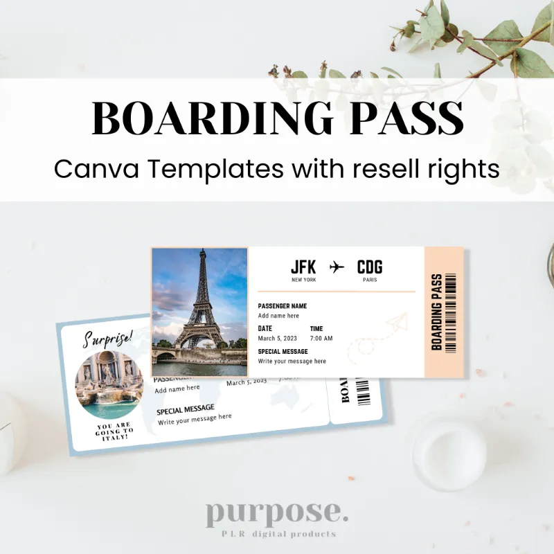 Purpose PLR Boarding Pass Template, two sample boarding pass designs