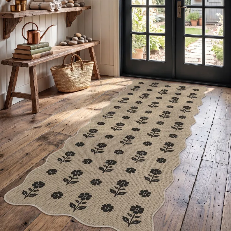 Tribesigns floral scalloped easy jute hallway runner rug in neutral earthy tones