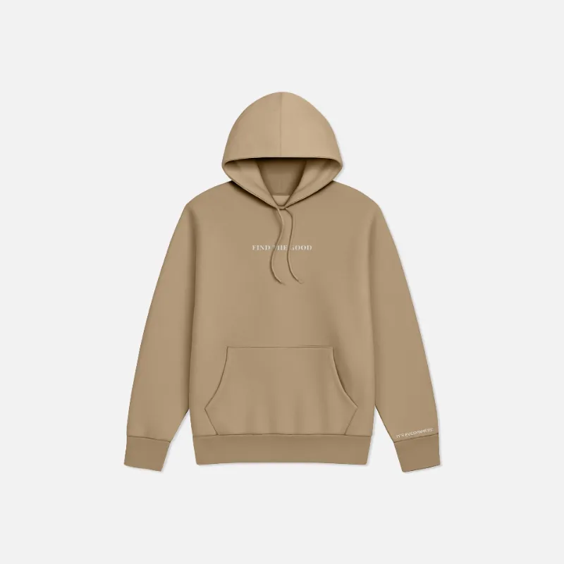 Find The Good Brand The Heavyweight Embroidered Hood in Sandstone with embroidered chest logo