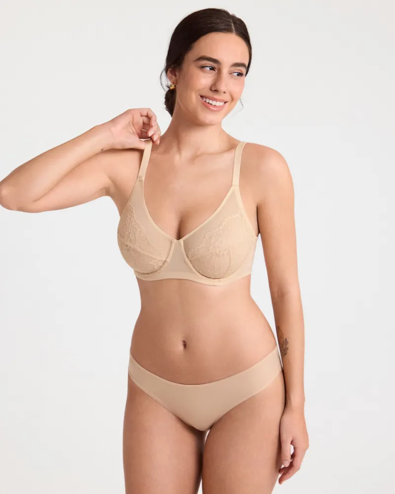Essenther Global Full Coverage Underwire Mesh Lace Bra in floral lace with sheer mesh panels